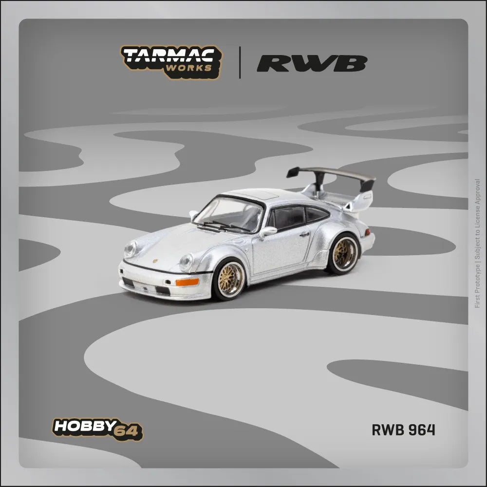 Porsche RWB 964 Silver 1:64 diecast front angle view poster