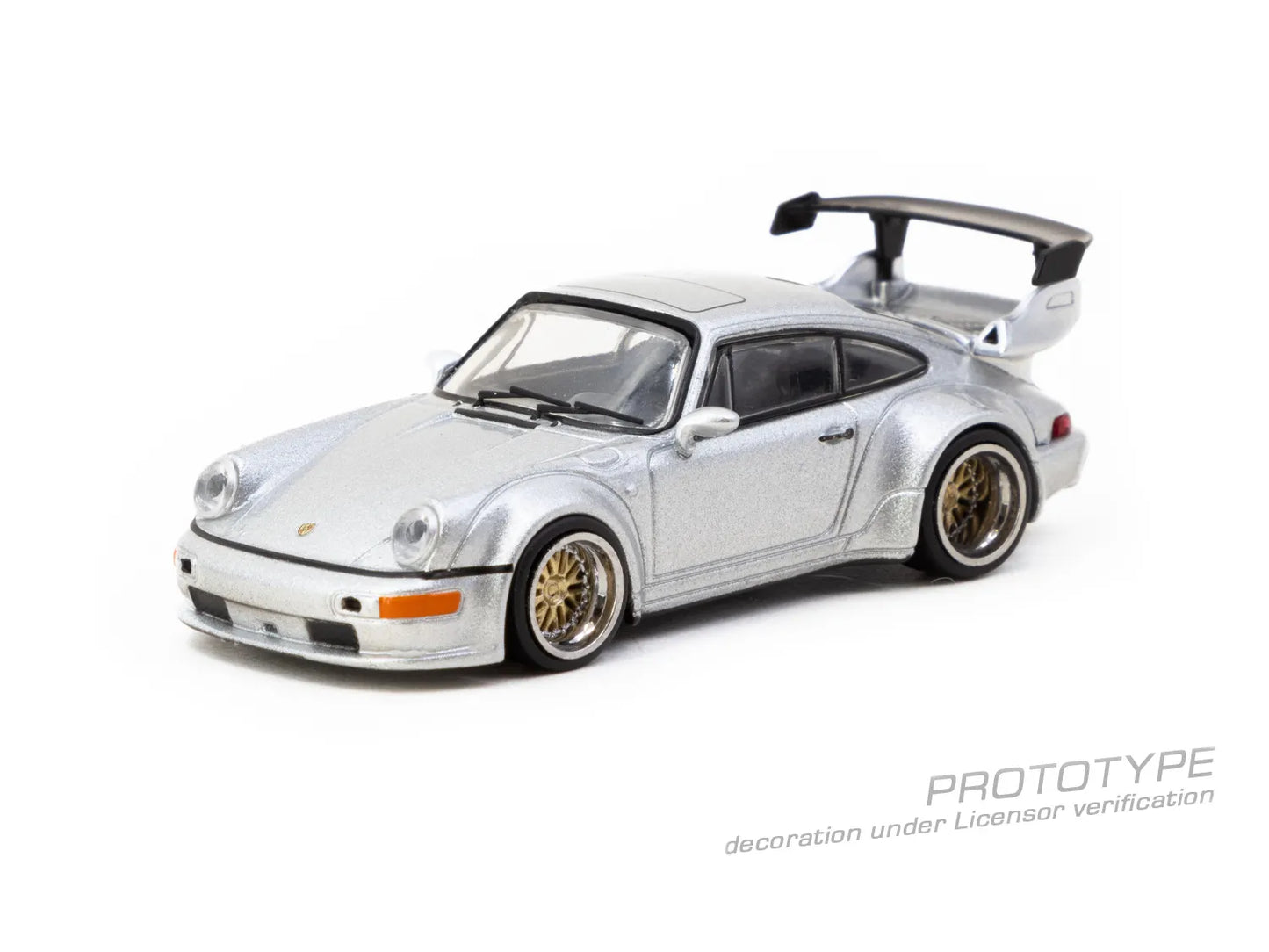 Porsche RWB 964 Silver 1:64 diecast front angle view