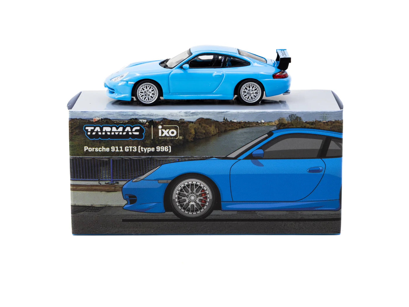 Tarmac Works T64G-069-BL Porsche 911 GT3 996 Light Blue 1:64 diecast box front and unboxed