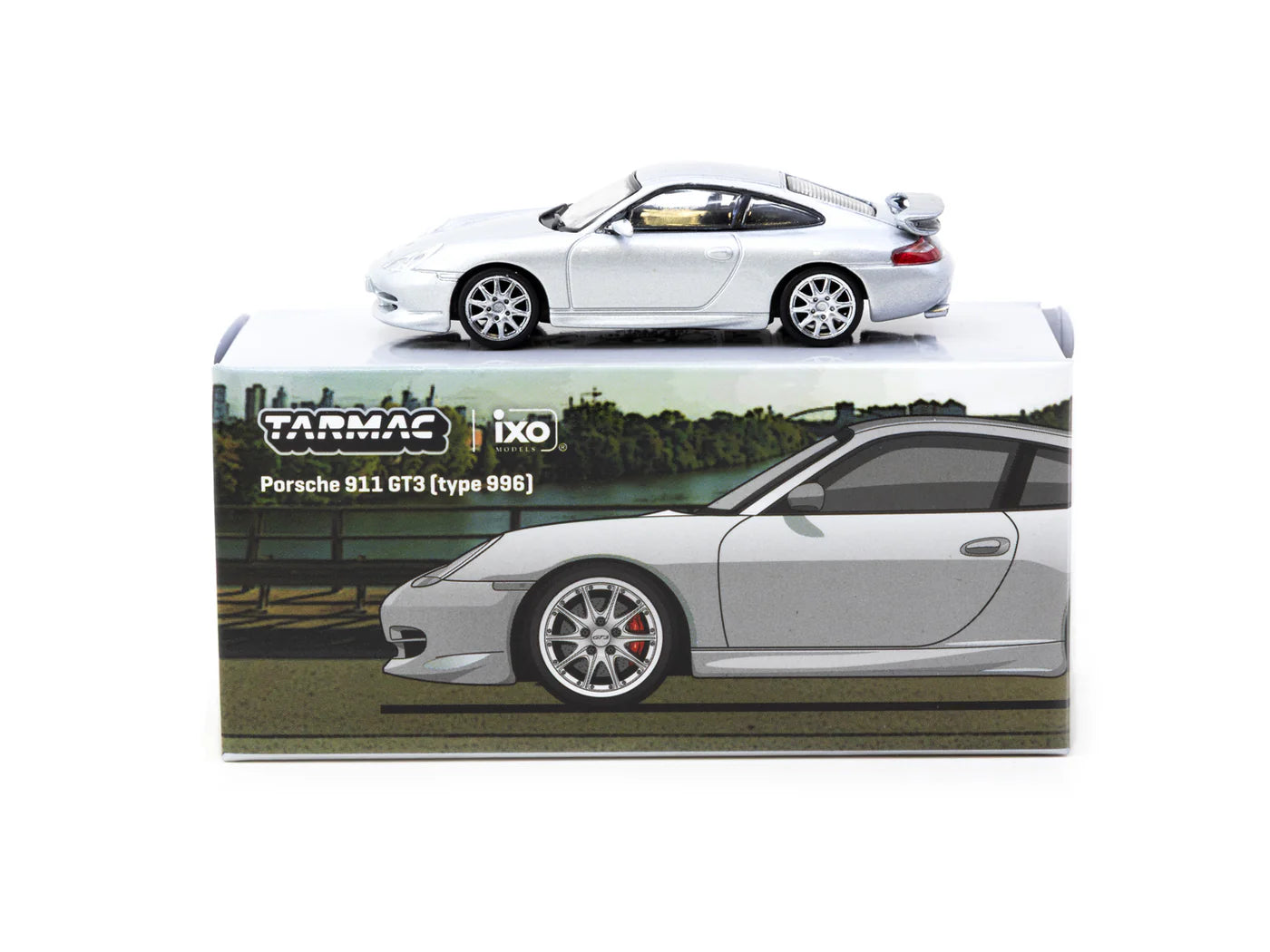 Tarmac Works T64G-069-SL Porsche 911 GT3 996 Silver New Tooling 1:64 diecast box front and unboxed