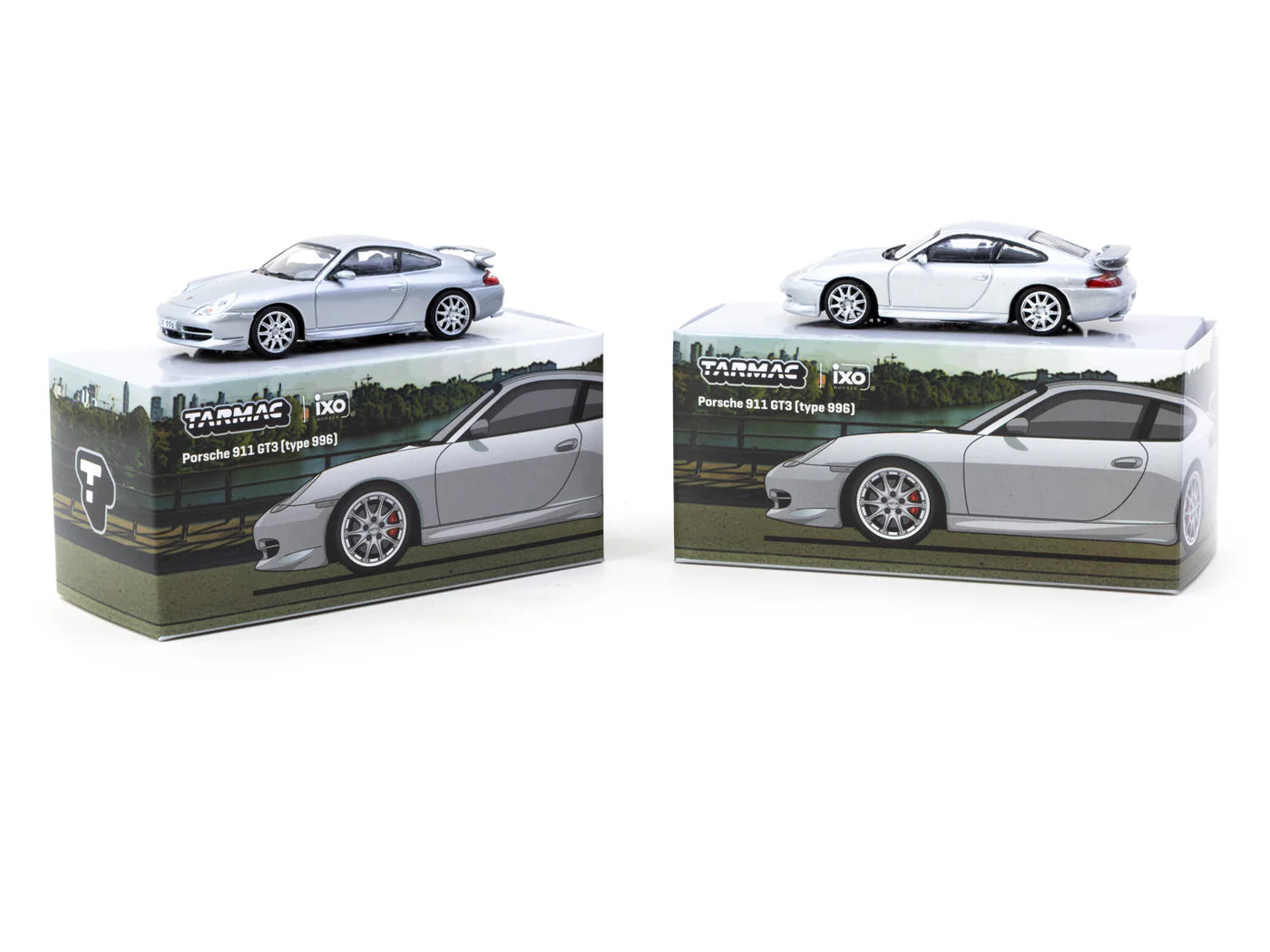 Tarmac Works T64G-069-SL Porsche 911 GT3 996 Silver New Tooling 1:64 diecast box front with chase