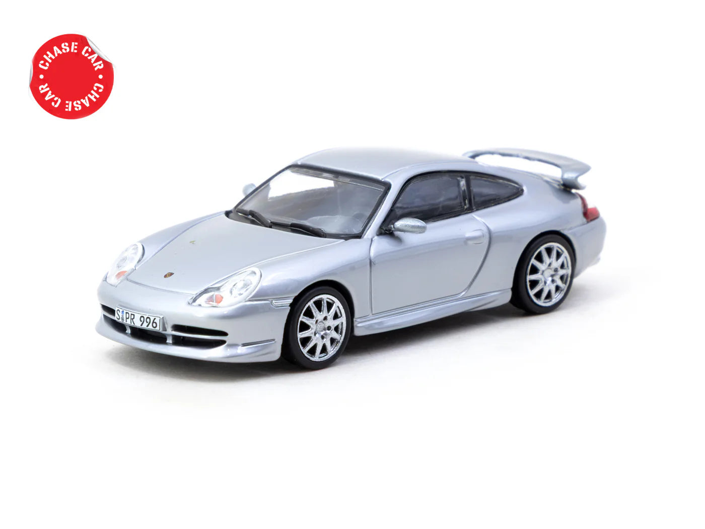 Porsche 911 GT3 Type 996 Silver 1:64 diecast front angle view chase