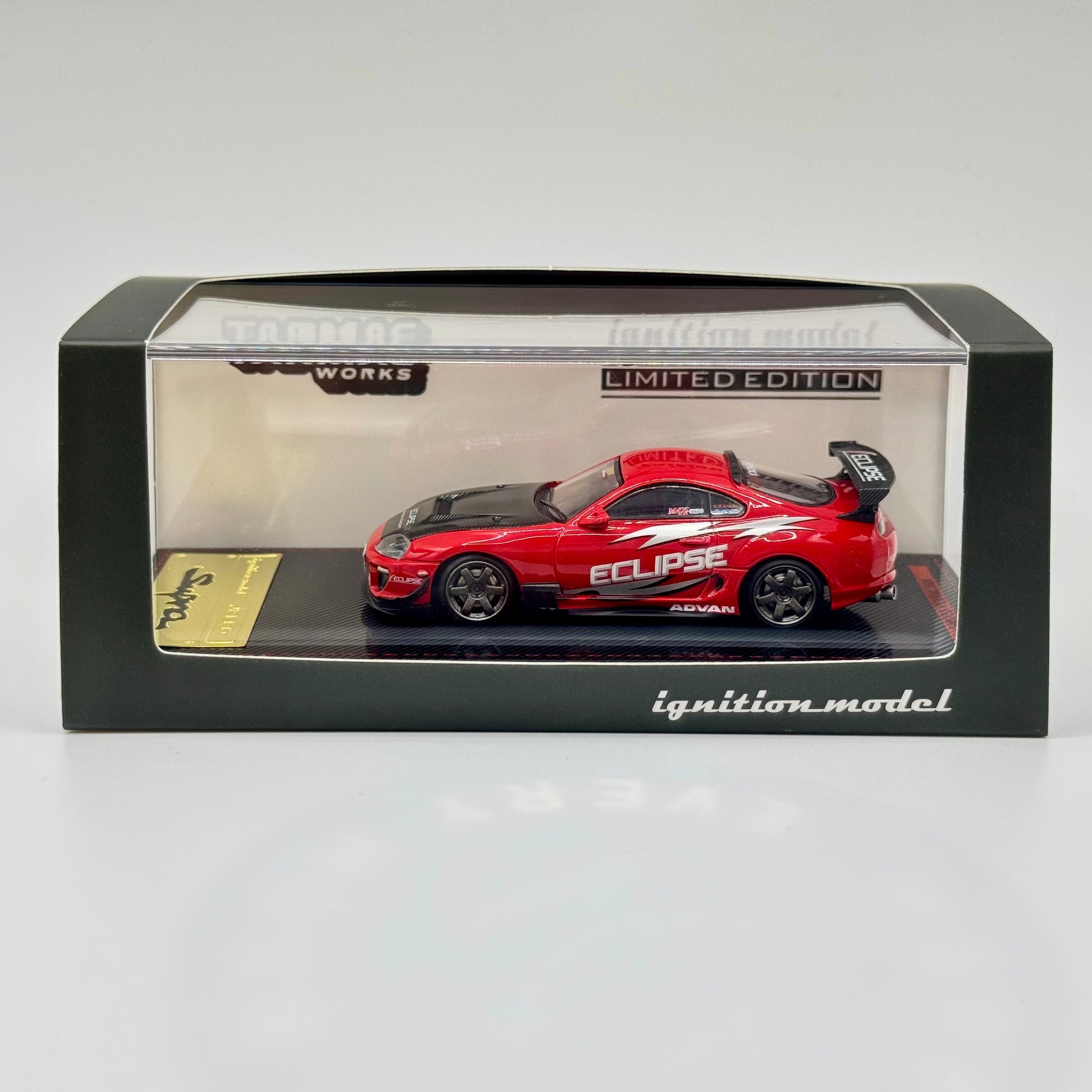 Tarmac Works x Ignition Model Toyota Supra JZA80 RZ Red 1:64 diecast model boxed front view