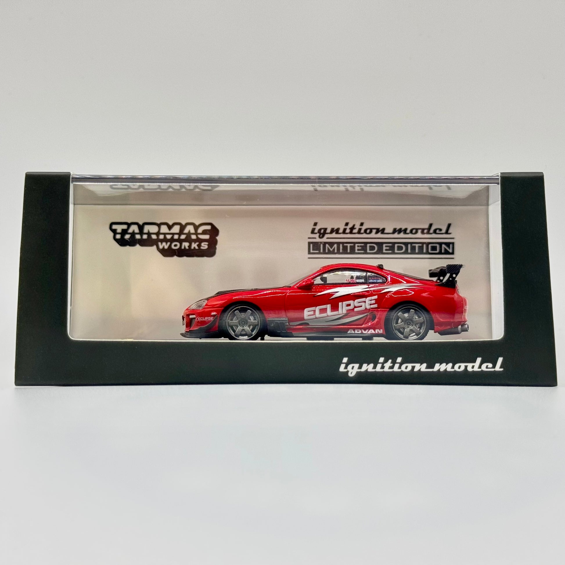 Tarmac Works x Ignition Model Toyota Supra JZA80 RZ Red 1:64 diecast model boxed side view