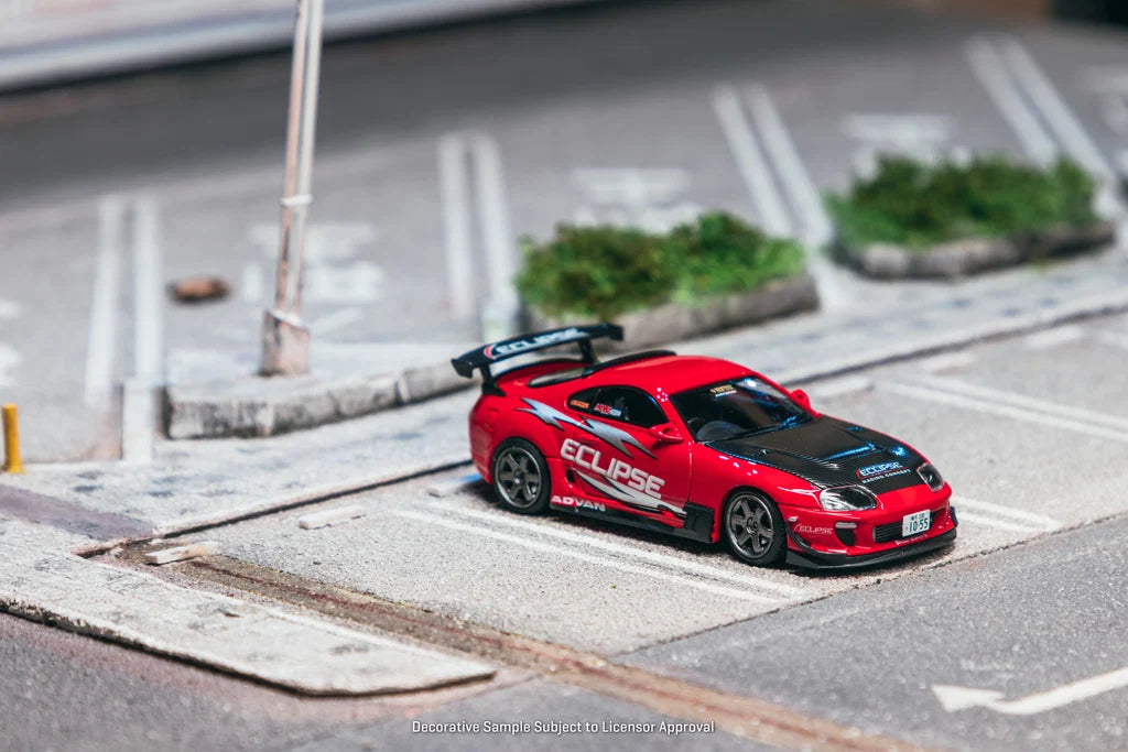 Tarmac Works x Ignition Model Toyota Supra JZA80 RZ Red 1:64 diecast front three-quarter view in diorama