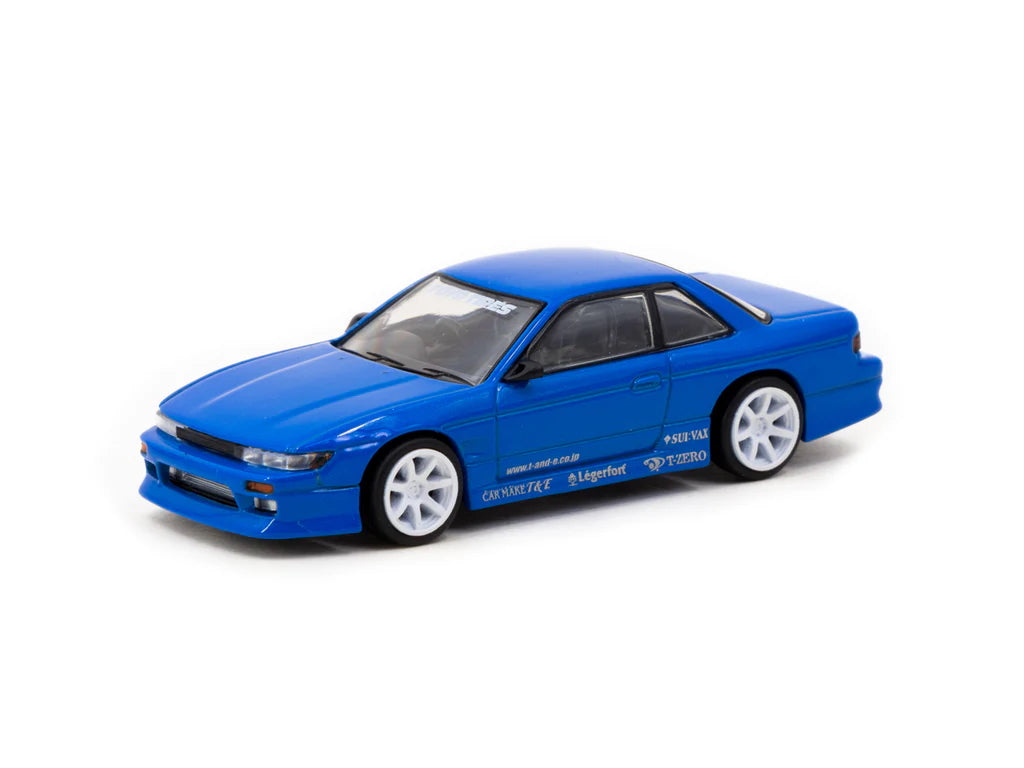 Front view of Tarmac Works Nissan Silvia S13 Vertex Blue Metallic 1:64 diecast