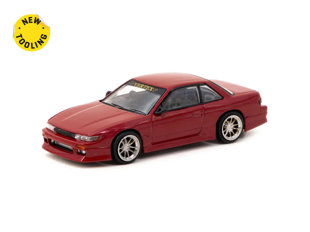 Front view of Tarmac Works Nissan Silvia S13 Vertex Red Metallic 1:64 model
