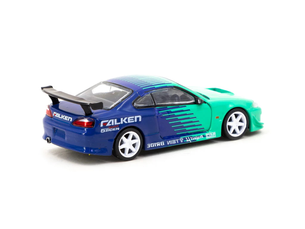Rear view of 1:64 Tarmac Works Silvia S15 Vertex Falken diecast model