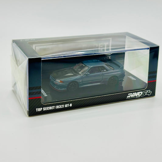 Angled boxed view of Inno64 R32 GT-R Top Secret Stealth Grey model