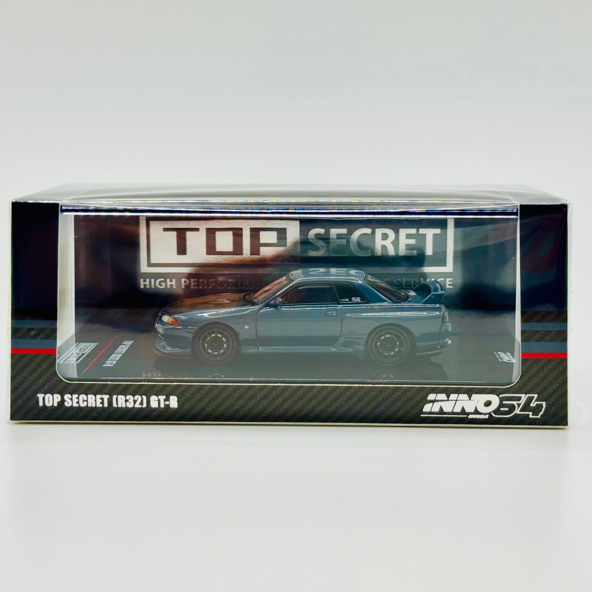 Front view of boxed Inno64 Top Secret R32 GT-R Stealth Grey 1:64 model car