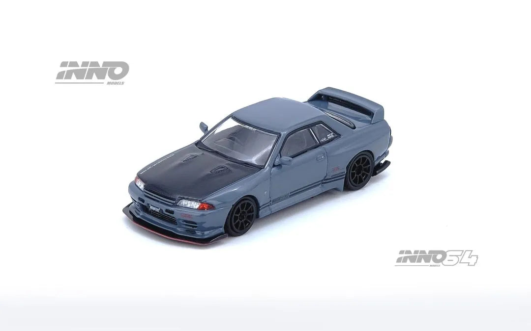 Front angled view of Top Secret Nissan GT-R R32 Stealth Grey 1:64 diecast model