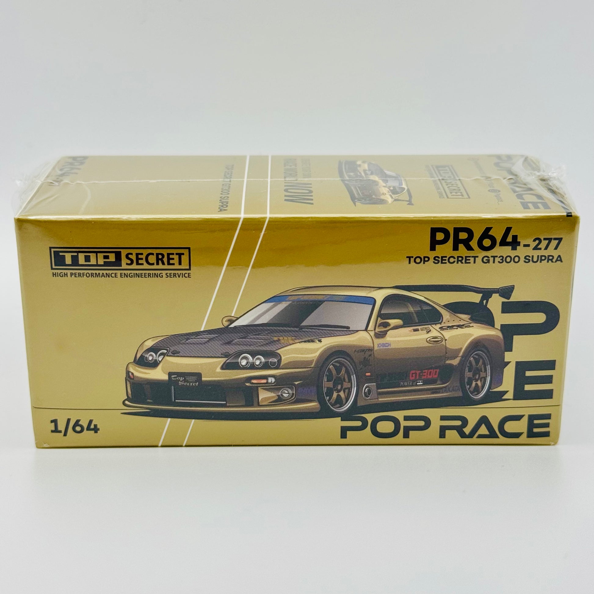 Top Secret Toyota Supra GT300 Pop Race 1:64 diecast model box front view closeup