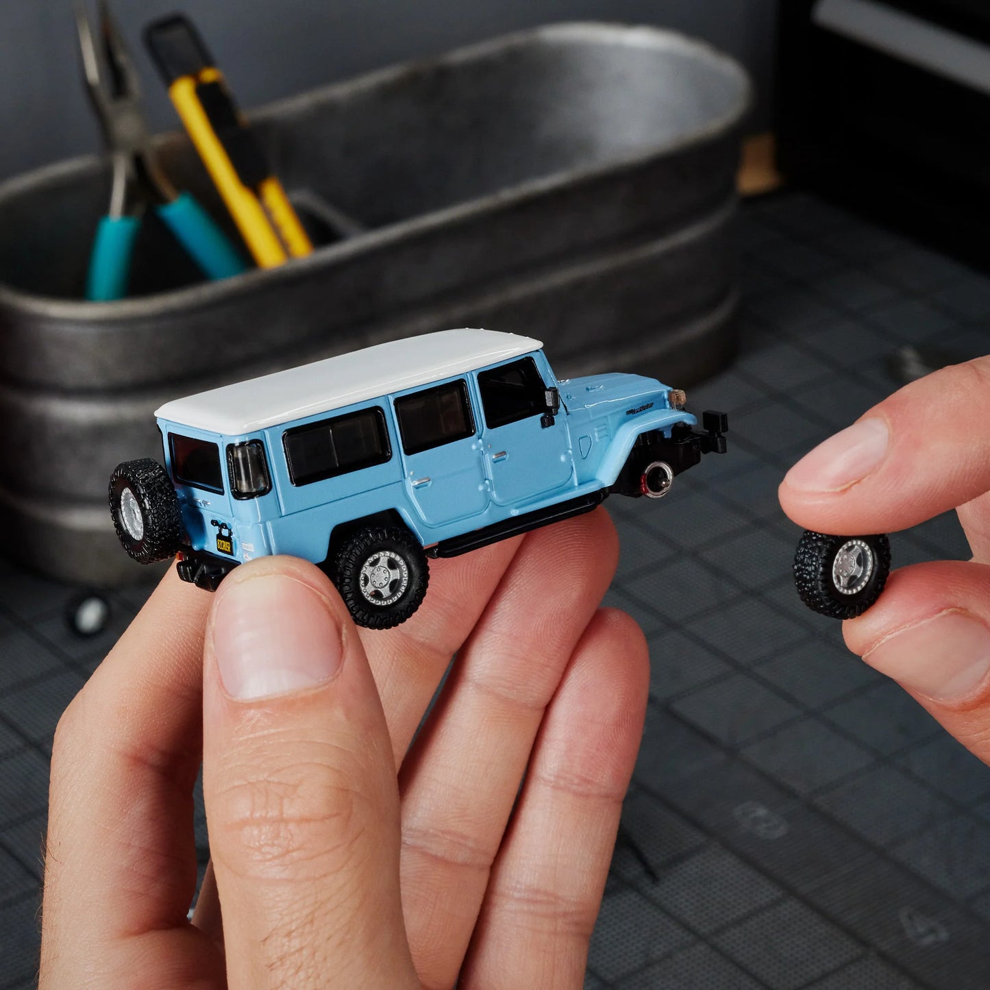 Custom 5-star and steelie wheels for Hot Wheels FJ45 model