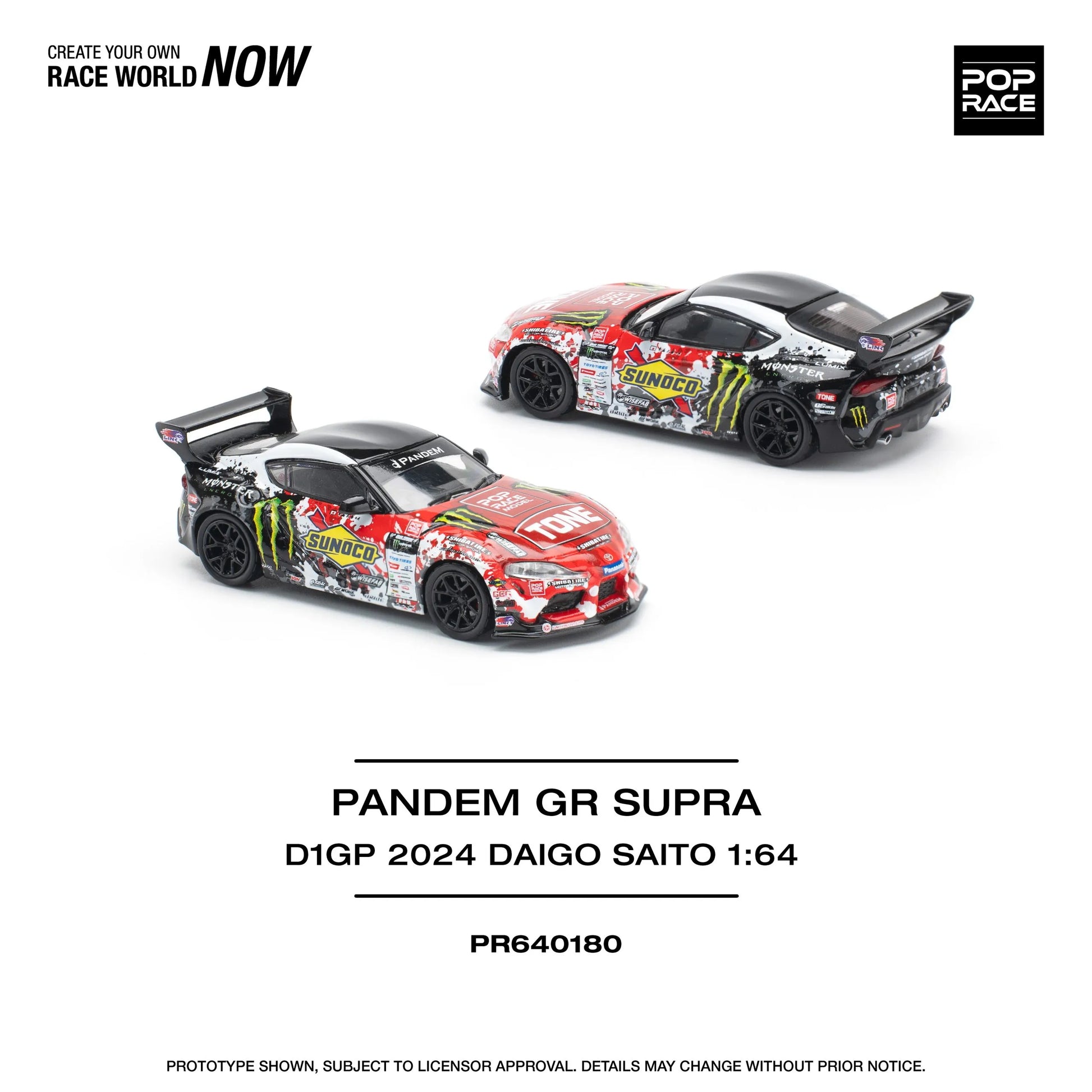 Front and back view of Toyota GR Supra Pandem D1GP 2024 diecast model out of box
