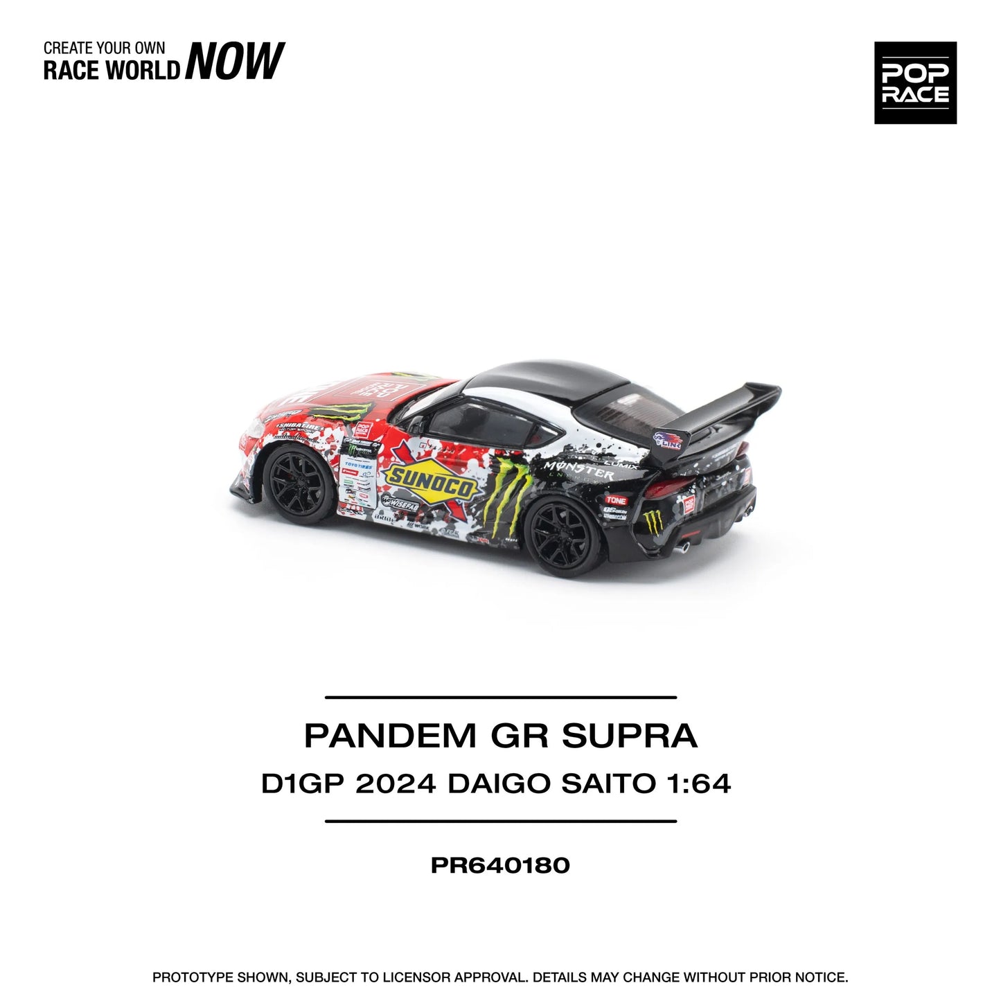 Rear angle of detailed Pop Race 1:64 Toyota GR Supra D1GP model