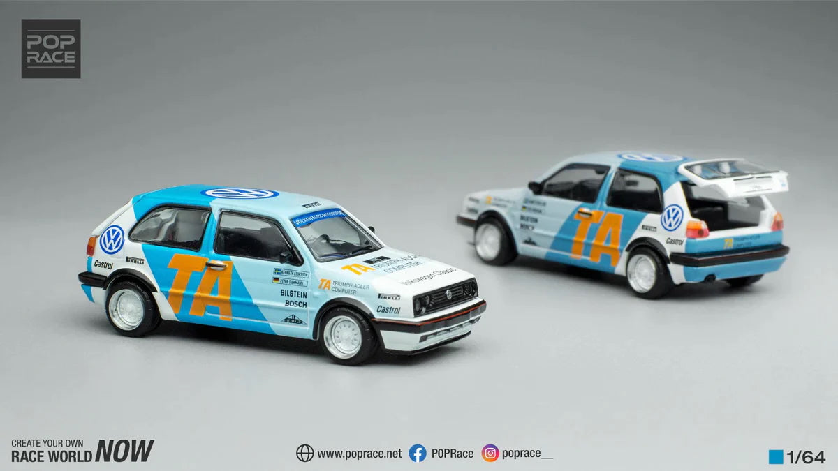 Front and back view of 1:64 Volkswagen Golf GTI MK2 WRC 1986 diecast models by Pop Race