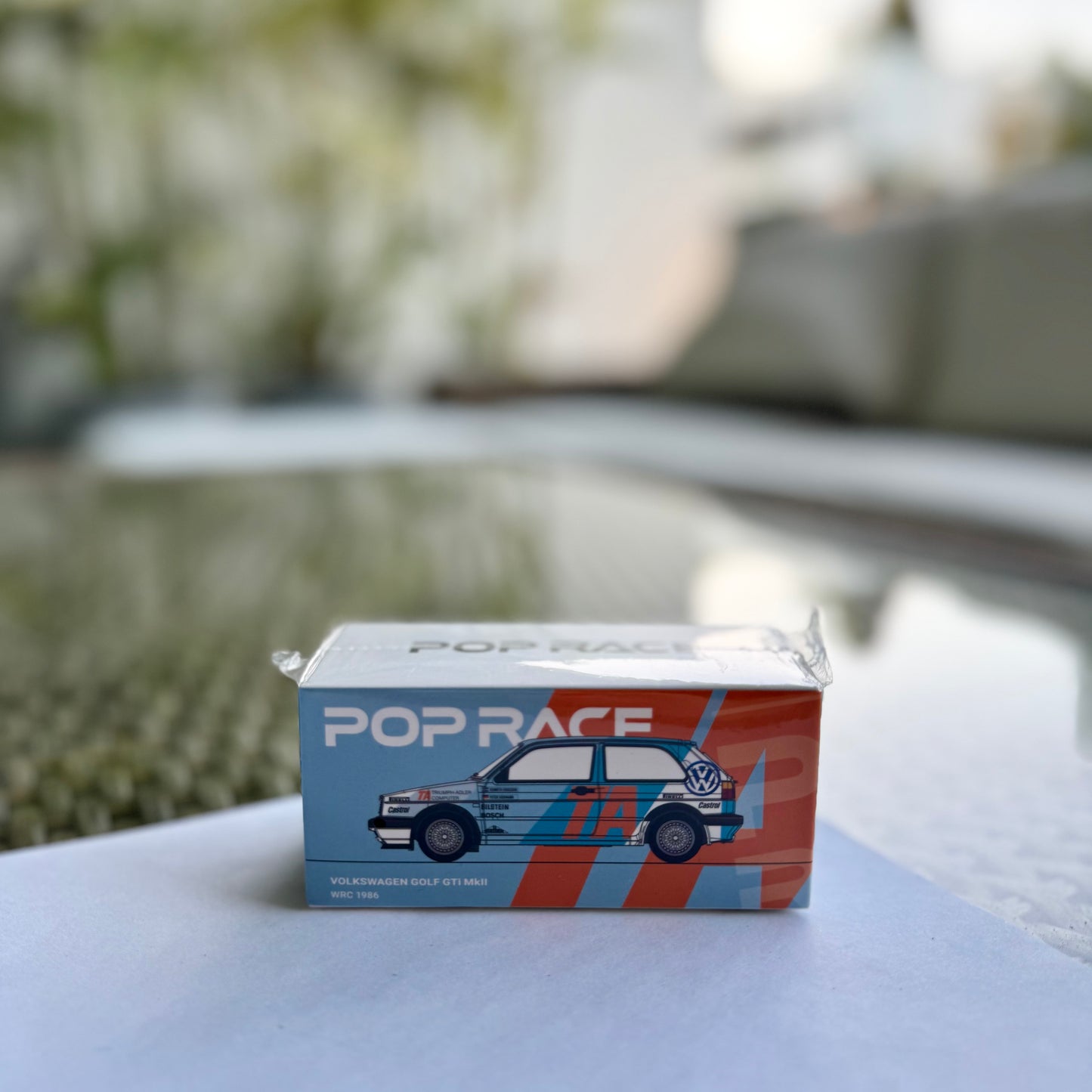 Front view of 1:64 Volkswagen Golf GTI MK2 WRC 1986 diecast model by Pop Race