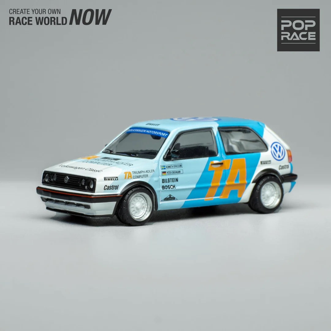 Side profile of VW Golf GTI MK2 WRC 1986 Pop Race diecast car